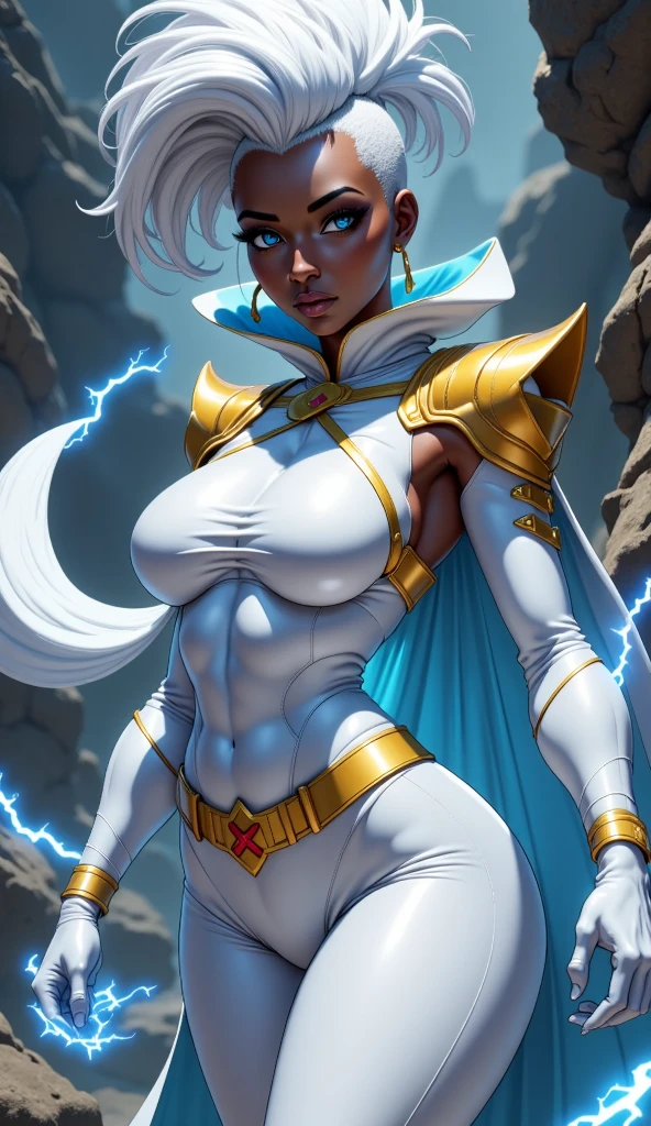 (masterpiece, top quality, best quality, official art, beautiful and aesthetic:1.2), (1girl:1.3), dark blue hair in braid, extremely detailed, portrait, looking at viewer, solo, (full body:0.6), detailed background, close up, (cool science fiction space theme:1.1), ((((blue skin)))), extremely busty alien sorceress, charlatan, mysterious, casting spells in space, four arms, revealing white and gold robes, fingerless gloves, long gloves, glowing magical energy, white blindfold, elaborate headdress, golden ceremonial winged crest, sheer white fabric, elegant robes, skirts, streamers, cowl, cape, sandals, bracers, ((((four arms, gigantic breasts, cleavage, skindentation)))), slim waist, slim hips, long legs, athletic, SPACE, futuristic moon, (space exterior:1.1) background, dark mysterious lighting, shadows, magical atmosphere, dutch angle