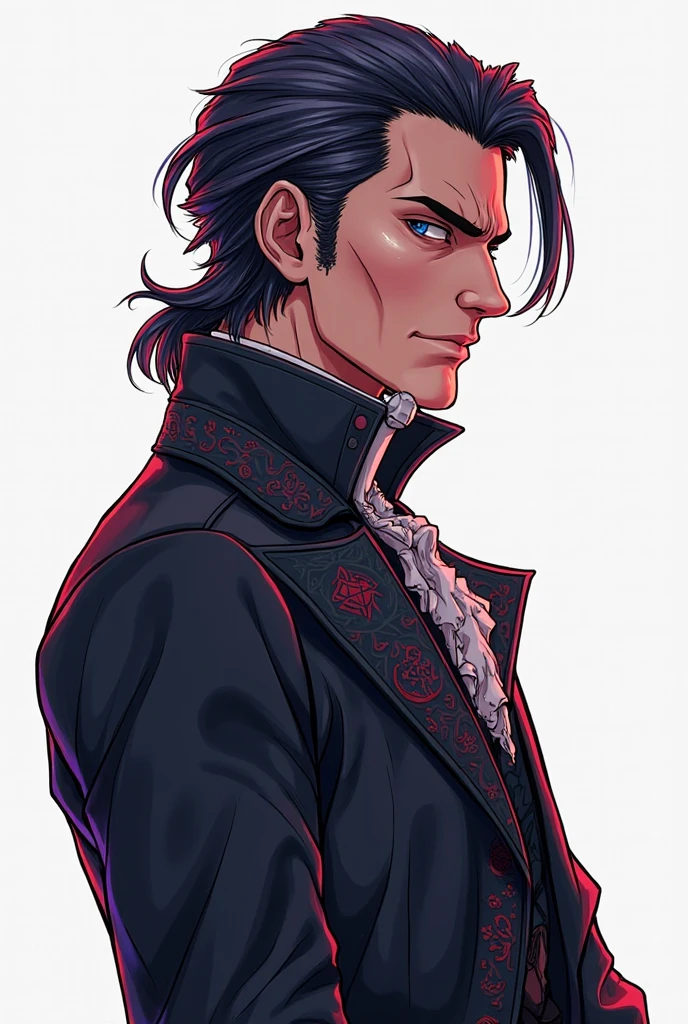((A 34-year-old white man)), ((dark brown hair with purple tips combed back)), ((purple eyes and a full beard)), ((scars on the right side of the lip, another on the right eye and one on the left side of the forehead)), ((black overcoat and red dress vest underneath)).