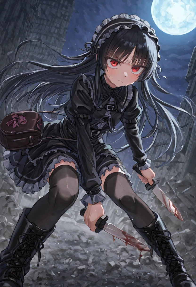 Highest quality, 4K,masterpiece, Very detailed, 8K, High detail, Sharp focus, One girl, alone, Alice in Wonderland, Black Hair, Fine grain, , smile, gesugao, (邪悪なsmile:1.1), Sharp teeth, (Crazy Blue Eyes:1.2), Yandere, Holding a knife, (Blood splatter:1.4)