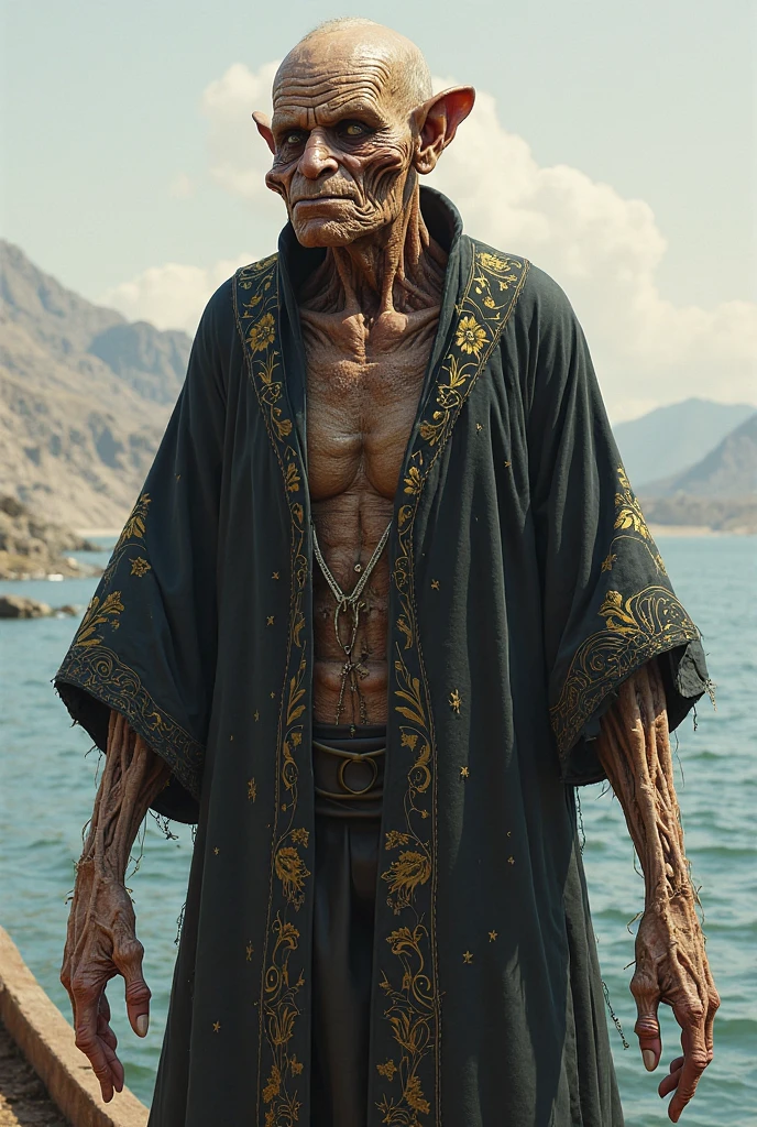 (masterpiece:1.2), absurdres, A photorealtic shot od Mumm-Ra,solo, decaying mummy,a malevolent and ancient sorcerer, , withered, shrouded in rotting bandages, emaciated body. grotesque, skin is a sickly grey, covered in tattered rotting bandages, is body is emaciated, his face is hidden by a hooded red robe, glowing sinister red eyes, malevolent, (highly detailed:1.3)