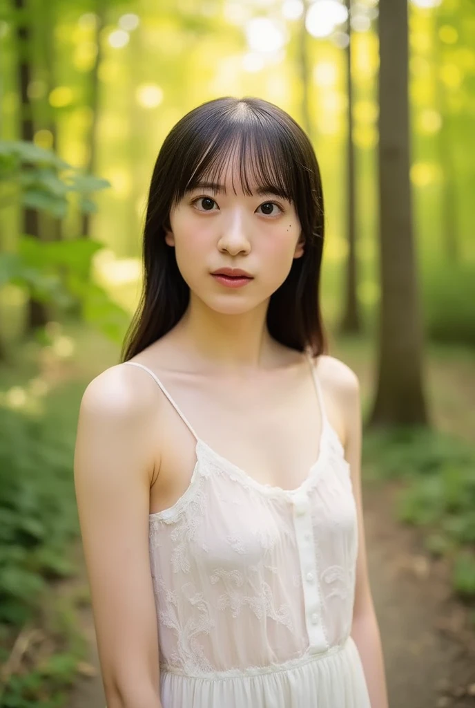 Photorealistic,Ultra high definition,Highest quality,Best Quality,8k,RAW Photos,Super detailed,Ultra-high resolution,(Amazingly cute Japanese real girl),whole body,1 person,Facing forward,Early morning in the forest,Bright sunlight pours in,Backlight,White simple micro mini dress,See-throughフレアマイクロミニドレス,The transparency of a thin dress,See-through,Perfect Style,Perfect proportions,Perfect body,The cutest face in the world,(Small face),Long eyelashes,double eyelid,High nose,Detailed eyes,Very Short Hair,Bowl Cut Hair,Earrings,(((Extra large chest:2.0))),Cleavage,Small waist,Long legs,Beautiful legs,Realistic skin,Watching the audience,(Upward-facing buttocks),View here,Functional,arms up