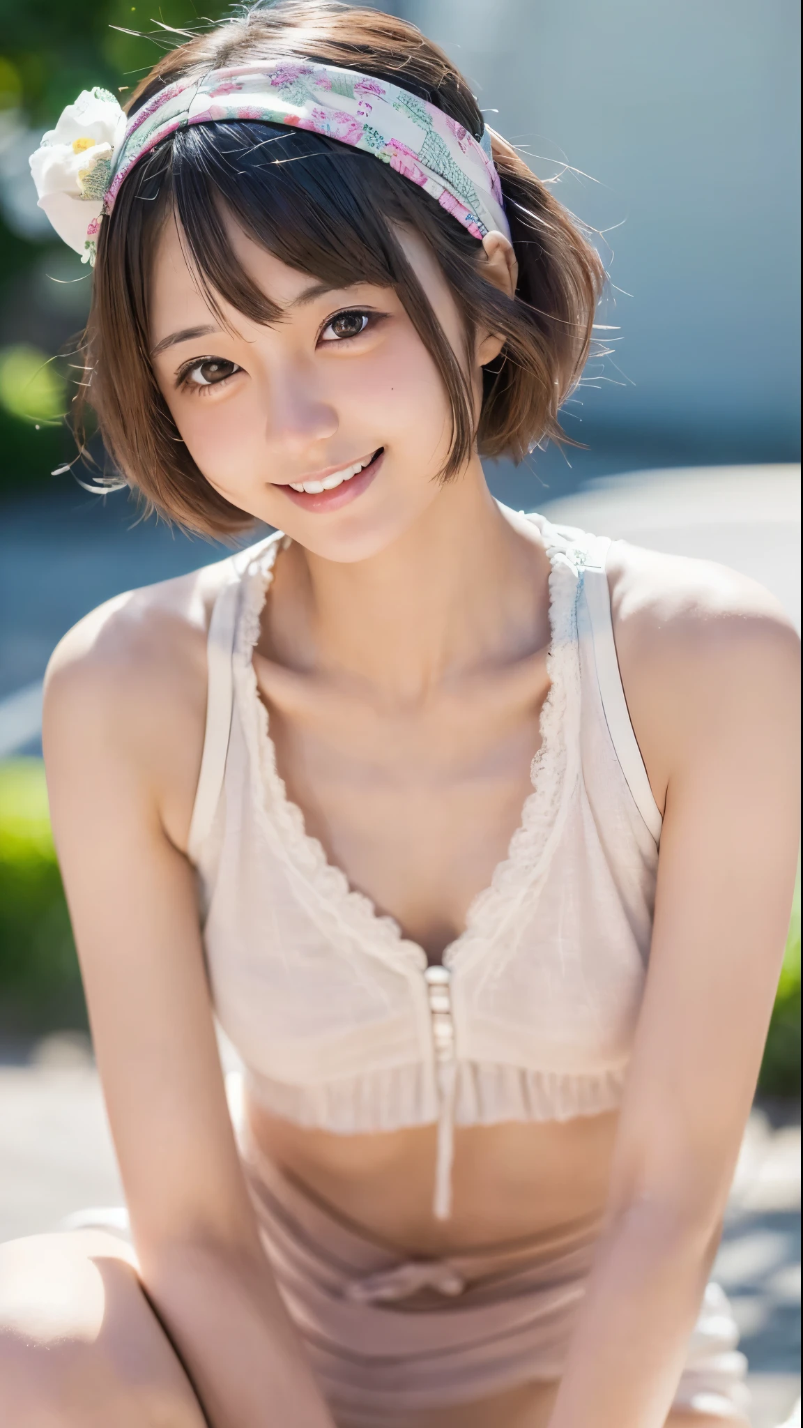 A smile、Japan woman in white dress posing for photo, campus