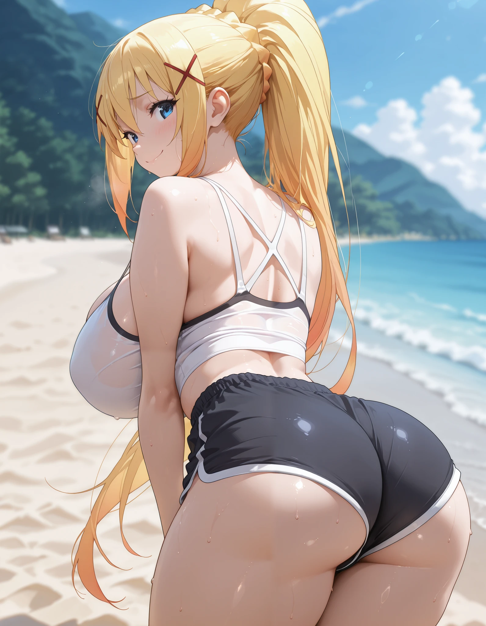 1girl ,solo. front view,, white tank, cleavage, black gym shorts, short shorts, exposed midriff , huge breasts, blurry beach background , sweat, shiny,, very pretty face, , darkness\(konosuba\), dynamic_pose, masterpiece, top quality, high fashion , light color, intricate details, thin waist, thick thighs, look at viewer, charming, seductive, smiling, closed mouth, back view, looking back, round ass, big ass,