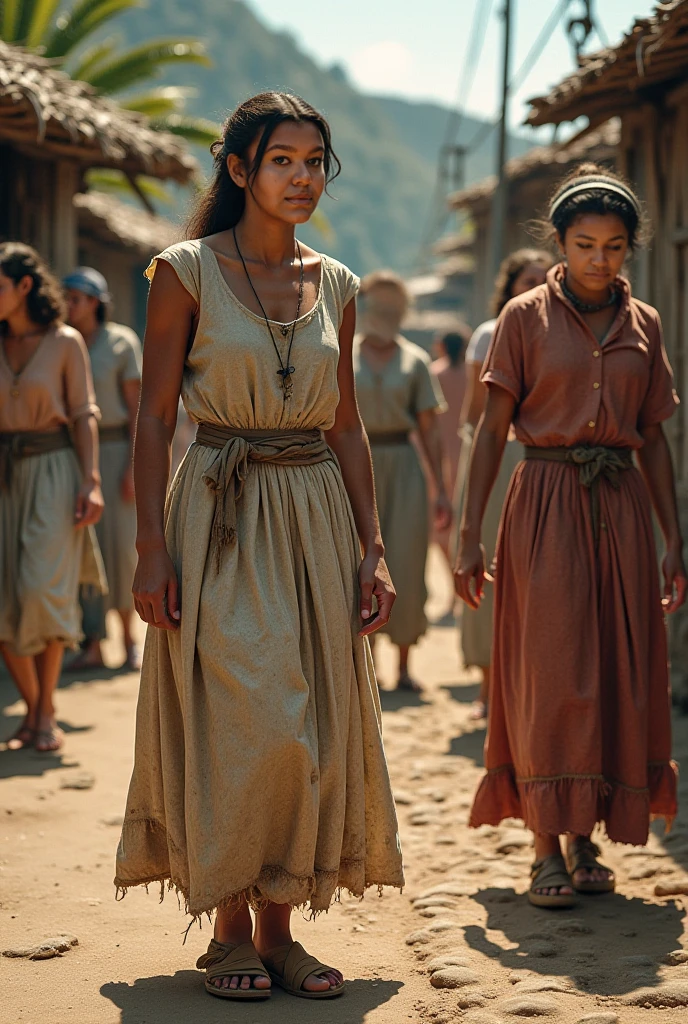 Roman field girls slaves of Germany,Slavs tribal 1st century BC. Roman villa, working on a farm, rural hinterland , southern Italy, tanned from the sun and dirt, weathered skin, beautiful faces, brown hair somehow cropped tied in a ponytail, sweaty, sweat covers the skin and glitters in the sun, barefoot, in rags made of burlap barely covering the middle of the hips, the age is about 22-24 years old.tired, scared, stupefied from work, dirty feet, carrying baskets, a lot of details, high texture of fabric and body,hyperrealism