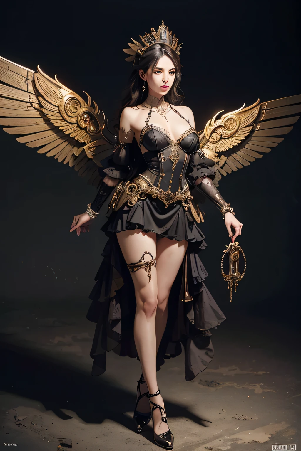 (Best quality,4K,A high resolution,Masterpiece:1.2),Ultra-detailed,(Realistic:1.37) Girl with mechanical parts, fullbody view in image, steampunk wind,Delicate clockwork details,Brass gears and gears,Beautiful and intricate design,(Mechanical wings),Glowing eyes and glowing tattoos,Colorful metal corsets and skirts,Elegant and elegant gesture,Industrial background with smoky atmosphere,Soft warm lighting,Vintage color palette,The human body and mechanical elements are perfectly integrated, that's reading bible