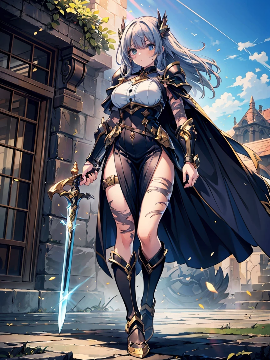 8k_wallpaper, extremely detailed eyes, extremely detailed body, (large masterpiece digital art), (detailed manga illustration), (detailed line art), ((perfect anatomy)), (intricate details:1.3), (ultra-detailed:1.3), (illustration:1.3), (sharp focus:1.3), (natural lighting:1.05), (vivid colors:1.3), (masterpiece), (best quality:1.4), (perfect anatomy:1.4), high quality, expressive eyes, full body, detailed face, beautiful face, perfect face, 1 girl, breasts, gloves, (huge breasts), military uniform, black jacket, jacket, very long hair, ({pale skin}), detailed ((silver hair)), {detailed yellow eyes}, hourglass physique, gray pants, pants, thick thighs, toned, dynamic lighting, 4k resolution, dynamic pose, smirk, military base background, weapon, Sword, belt, glove, shoulder armor, boots, hand guard,