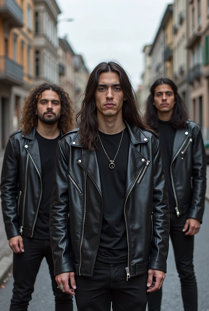 there are four people sitting on a bench posing for a picture, band promo, full protrait, photo shoot, photo session, eloy band, promo shoot, proto - metal band promo, heavy metal band promo, with axe, photoshoot, with long hair, protrait, dramatic portraiture of namenlos, potrait, band promo photo
