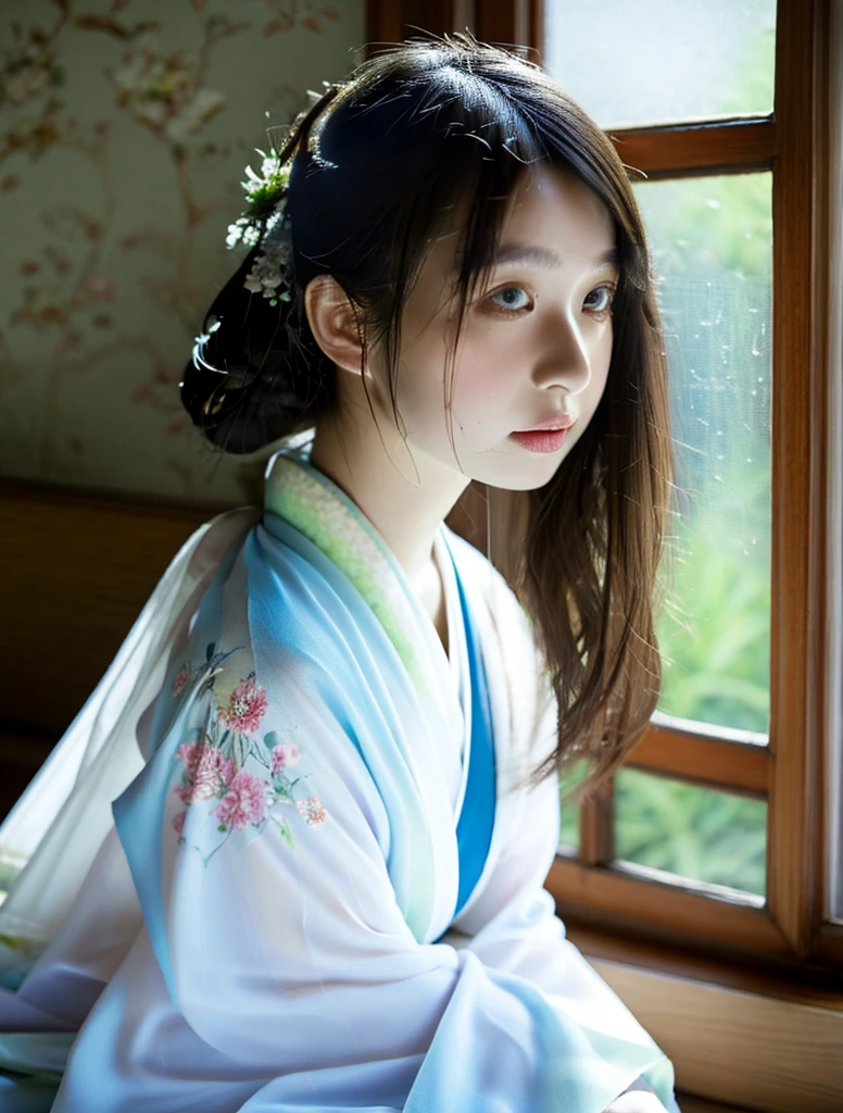 1girl, standing, (side cut long hanfu blouse with sailor collar, (10yo, cute:1.3), (breasts:1.2), thigh, see-through ruffles sleeve:1.2), high ponytail, detailed face, (looking at viewer:1.2), rainy weather, heavy rain, highest quality, high resolution, very detailed, delicate texture, silver hair, red eyes, bangs, poker face, holding rabbit, red kimono, floral pattern, romantic nature, very straight hair, dreamlike world atmosphere, exquisite,