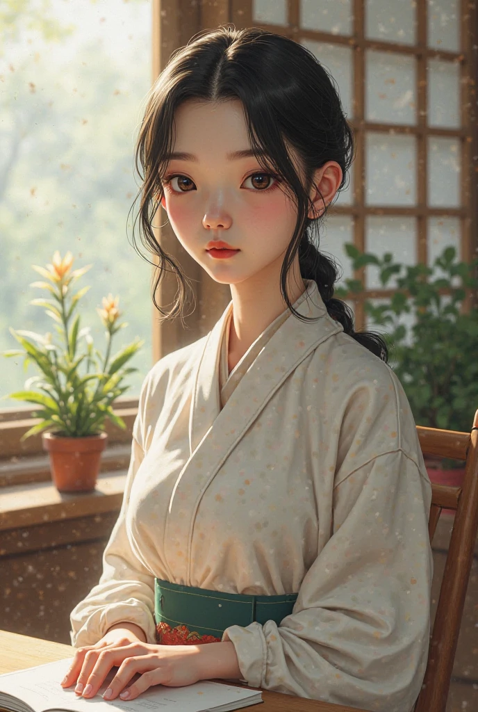 A captivating image capturing the elegant yet contemplative kimono worn by the character's beautiful woman, who will become her mother-in-law. The kimono's flowing designs are embellished with delicate details, such as intricate embroidery, and a matching set of shoes. The warm, golden light from a wide aperture highlights the soft, natural light filtering through the kimono, emphasizing the soft, luminous tones of the scene. shallow depth of field, natural light, studio ghibli style