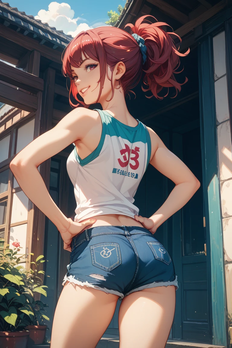 1 woman, (((((UHD))))), (((((masterpiece))))), ((((super detail)))), high details, ((((high quality)))), ((((best quality)))), (((highres))), ((((16k)))), ((Shadows)), (silhouette) ((bright red hair)), hair over shoulder, side swept bangs, ((work outfit), ((mini skirt)), schoolyard, heart-shaped pupils, one eye closed, sparkling eyes, ((big beautiful light blue eyes)), bright pupils, (neutral expression on face), natural lips, light blush, sparkle, god rays, backlighting, reflection light, bloom, dutch angle, perspective, from above, from behind, beautiful ass, (tight ass) ((defined jawline)), ultra defintion of skin, beautifully detailed eyes, hands on hips
