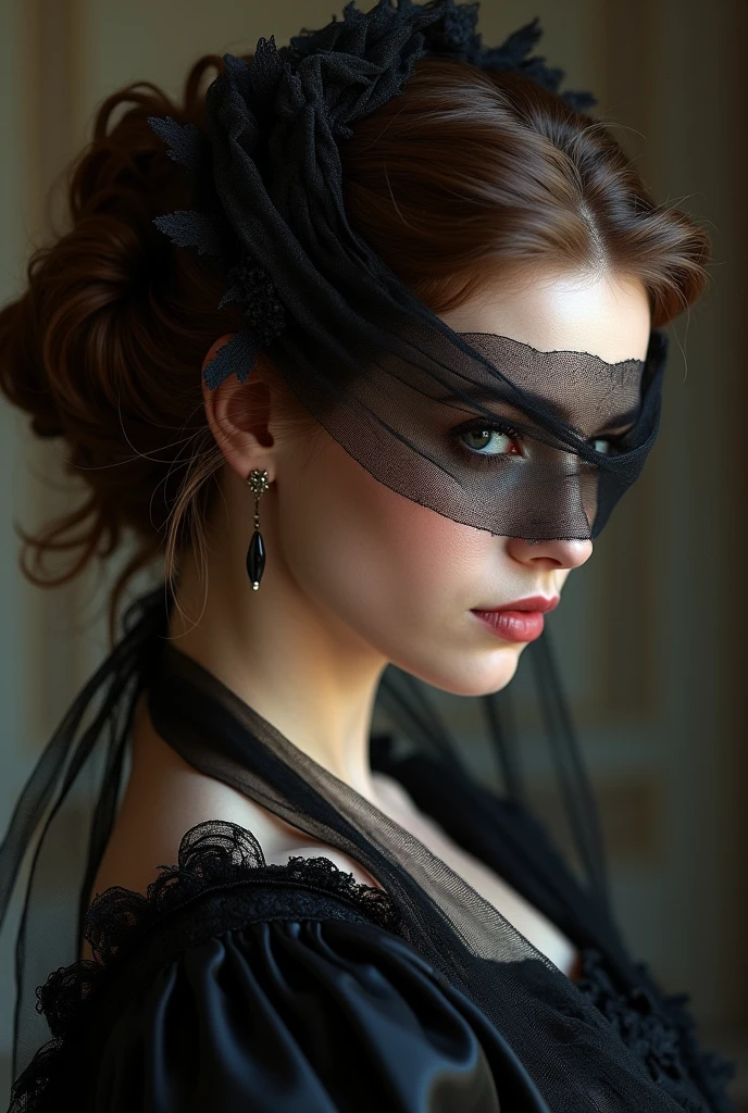 A captivating portrait of a mysterious woman, with her face partially concealed by a Black lace veil. Her intense, striking eyes pierce the viewer's gaze, creating an enigmatic and alluring atmosphere. Her hair is elegantly styled in an intricate updo, with tendrils softly framing her face. A hint of a white gown peeks through the veil, adding a sense of mystique to her attire. The muted background allows the viewer's focus to be drawn to the subject's mesmerizing visage and the delicate interplay of light and shadow that enhances the depth and texture of the portrait. This enigmatic piece invites the viewer to unravel the secrets of the woman's enigmatic persona.