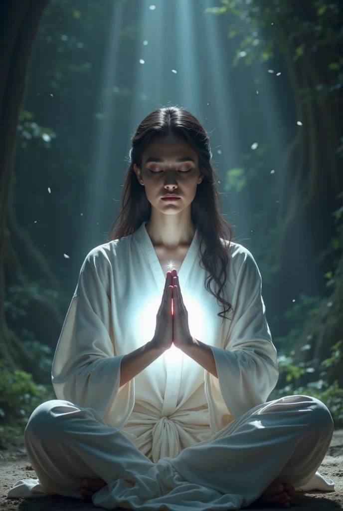 Create a realistic photo of a person praying with folded hands that emit white energy