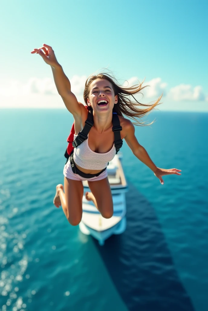 A sexy hot 26-year-old model with a striking presence and confident demeanor is captured in a breathtaking moment. She is wearing a red patterned bikini, and her natural wavy blonde hair flows behind her as she leaps from the back of a yacht into the clear blue water. The scene is set in bright sunlight, highlighting her features and the water’s sparkle. The photograph is high quality, with vibrant colors, clear details, and well-balanced exposure. It avoids any unwanted artifacts or distortions and is presented without any watermarks, text, or logos. The image is realistic and natural, capturing the excitement and grace of the moment as she splashes into the water. She have big breasts and ass. She is Sexy Hot. Detailed Face and Skin (worst quality, low quality, normal quality, low resolution, low details, oversaturated, undersaturated, overexposed, underexposed, grayscale, black and white, bad photo, bad photography, bad art:1.4), (watermark, signature, text font, username, error, logo, words, letters, digits, autograph, trademark, name:1.2), (blur, blurry, grainy), morbid, ugly, asymmetrical, mutated, malformed, mutilated, poorly lit, bad shadow, draft, cropped, out of frame, cut off, censored, JPEG artifacts, out of focus, glitch, duplicate, (airbrushed, cartoon, anime, semi-realistic, CGI, render, Blender, digital art, manga, amateur:1.3), (3D, 3D Game, 3D Game Scene, 3D Character:1.1), (bad hands, bad anatomy, bad body, bad face, bad teeth, bad arms, bad legs, deformities:1.3, bad skin, small boobs, small breasts)