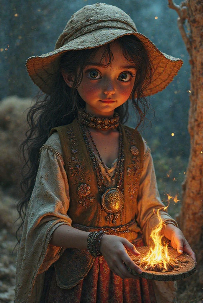 Generate an image of THE INDIA GIRL SHAMAN Luna SHE IS 9 YEARS OLD and the tribe united, using their strengths and the mystical creatures to protect the forest from external threats.