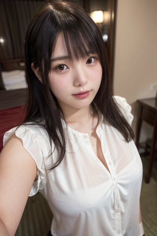 masterpiece, Best Quality, 8K, 20 yo, huge breasts, cuddly, Solo, sad, Cute, Girly, Delicate girl, Neat and clean beauty, Raw photo, Professional Photography, Portrait, Soft light, Professional Lighting, Back lighting, Upper body, front view, Sophisticated, Film grain, (Eyes and faces with detailed:1.0), short length floating hair, beautiful flowing hair, bangs, Thermal Lounge Shirt