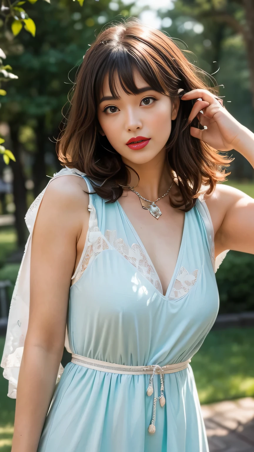 highest quality:1.3, masterpiece, Ultra-high resolution, realistic:1.3, solo:1.3, ((Clear Face)), sidelighting, cowboy shot, (looking at camera:1.3), (navy dress), standing, white background, Showcasing cleavag, arms behind back, (big busts), long hair, smile