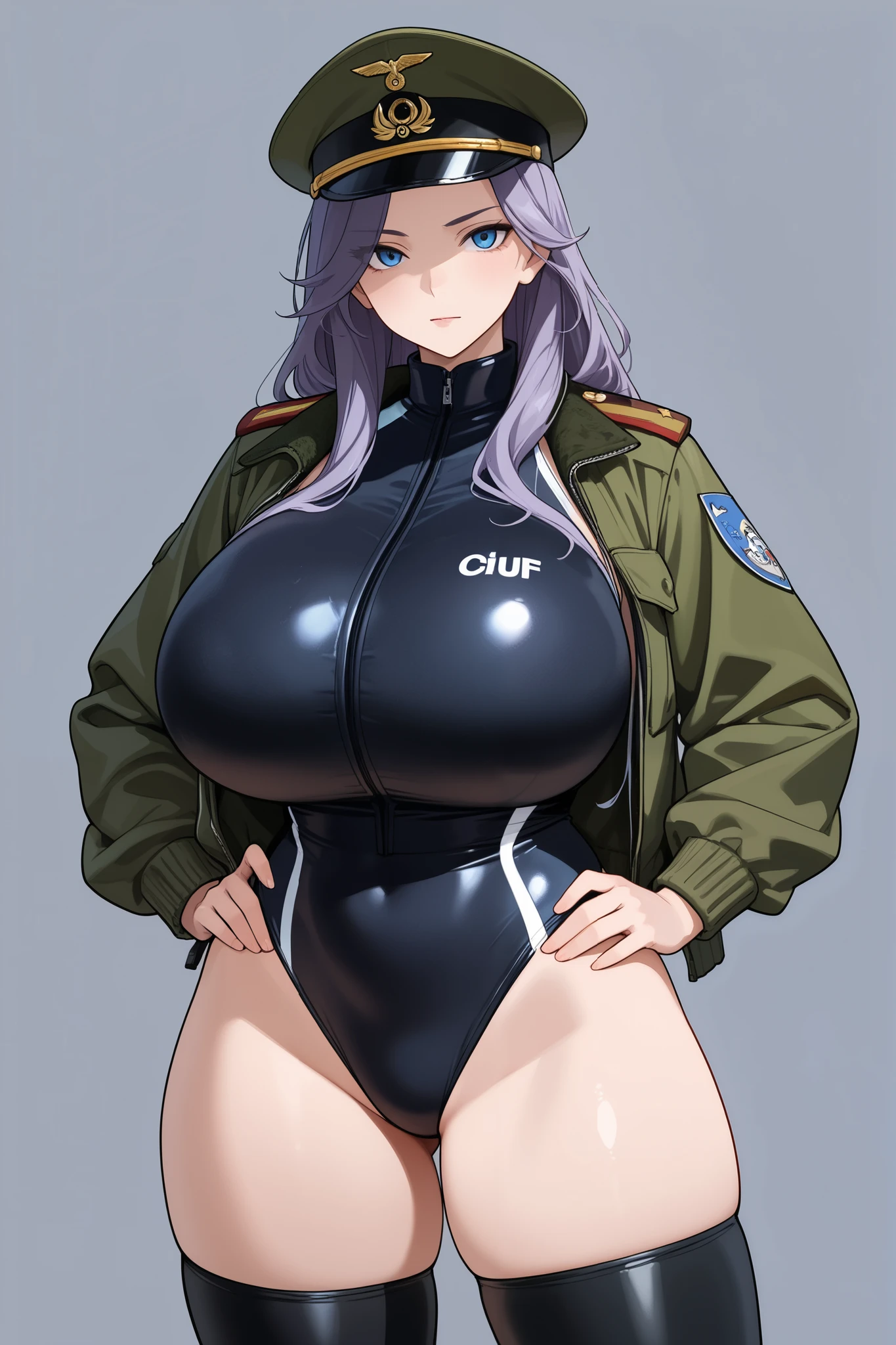 lady ,glamorous,titis play,nsfw,military swim suit,general,blue eyes,slant eyes,long daek hair、美脚、leg cover swim suits,制服、put on military cap、put on green jacket、ハイレグ、black color swim suits,twenty age,tall,being majestic,boss,cool lady,rigid,huge breasts,simple background,