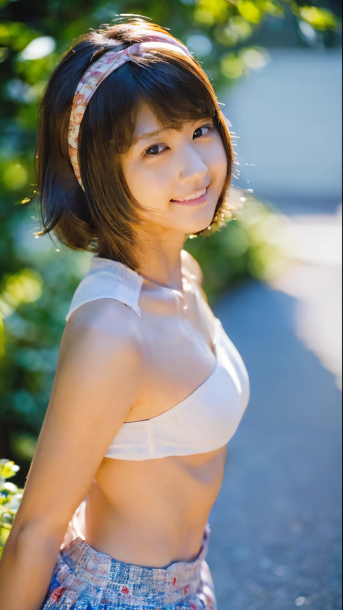 16k super high image quality、"Best Quality,Ticker,(Full body image in bikini),Short hair,Anatomically correct,Small bust,Powerful buttocks,beautiful face and wonderful smile,sexy nude body, perfect beautiful white skin,Eye for detail, Detailed lips, Fair skin with textured colors, Shallow depth of field, Backlit lighting,Soft shading、 legs extending beyond the frame, One-person viewpoint, Zoom Layer, 85 mm, Super Detail"