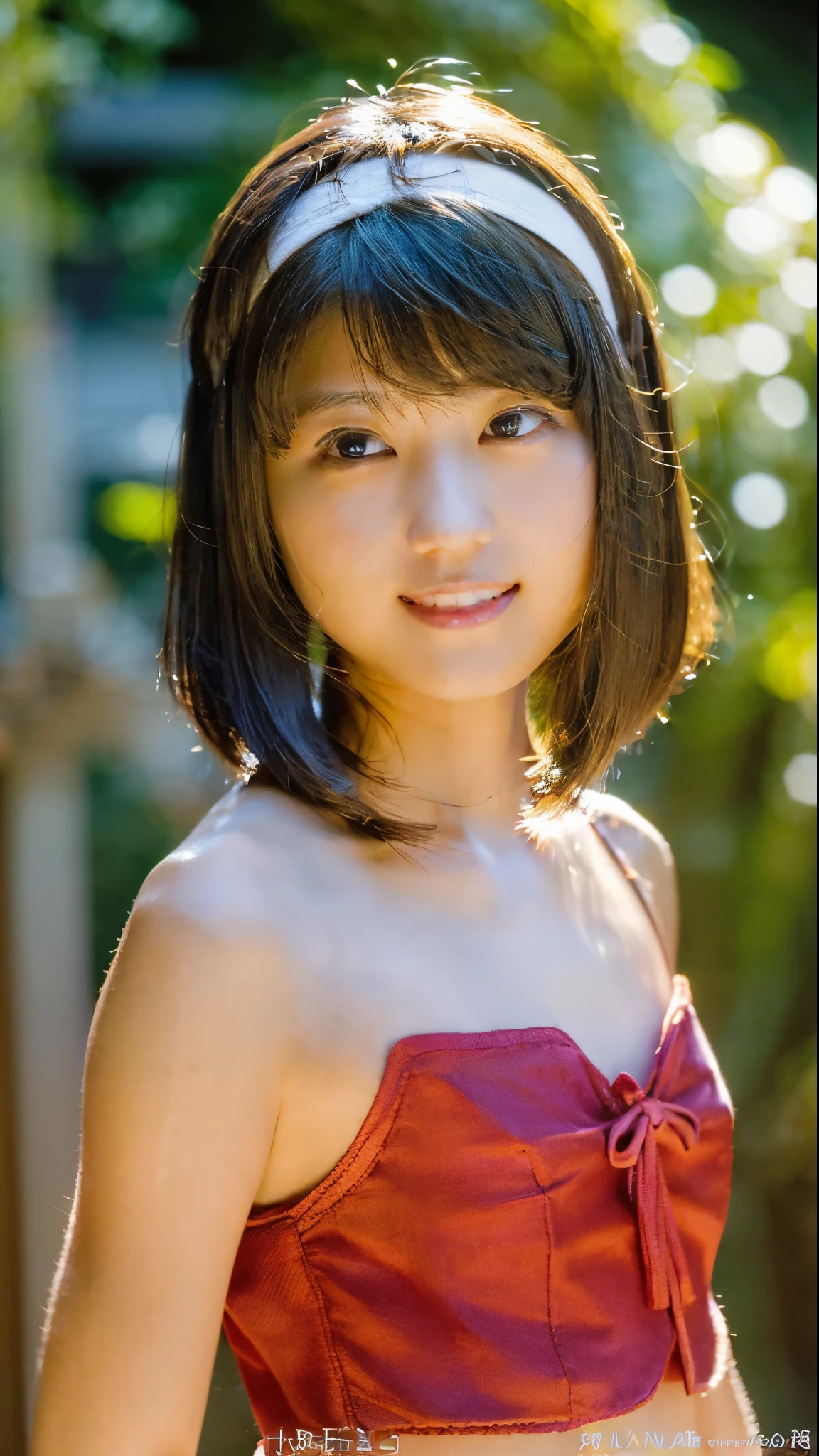 (Highest quality,masterpiece:1.3,Ultra-high resolution),(Very detailed,Caustics,8K), (Realistic:1.4, RAW shooting),(A mysterious forest, Dense teeth),wood々Sunlight shining through ,Light pours down,20-year-old,cute,Are standing,(smile),Looking into the camera,Black hair medium hair,(Crimson Dress), (Bust up shot),Natural light