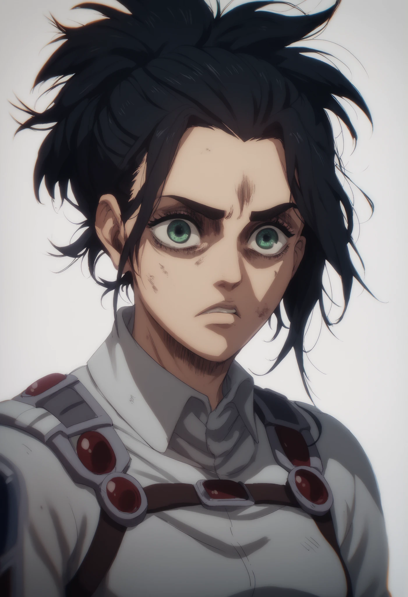 A girl character from attack on titans, long black hair, messy ponytail green eyes, gorgeous face. Soldier clothes