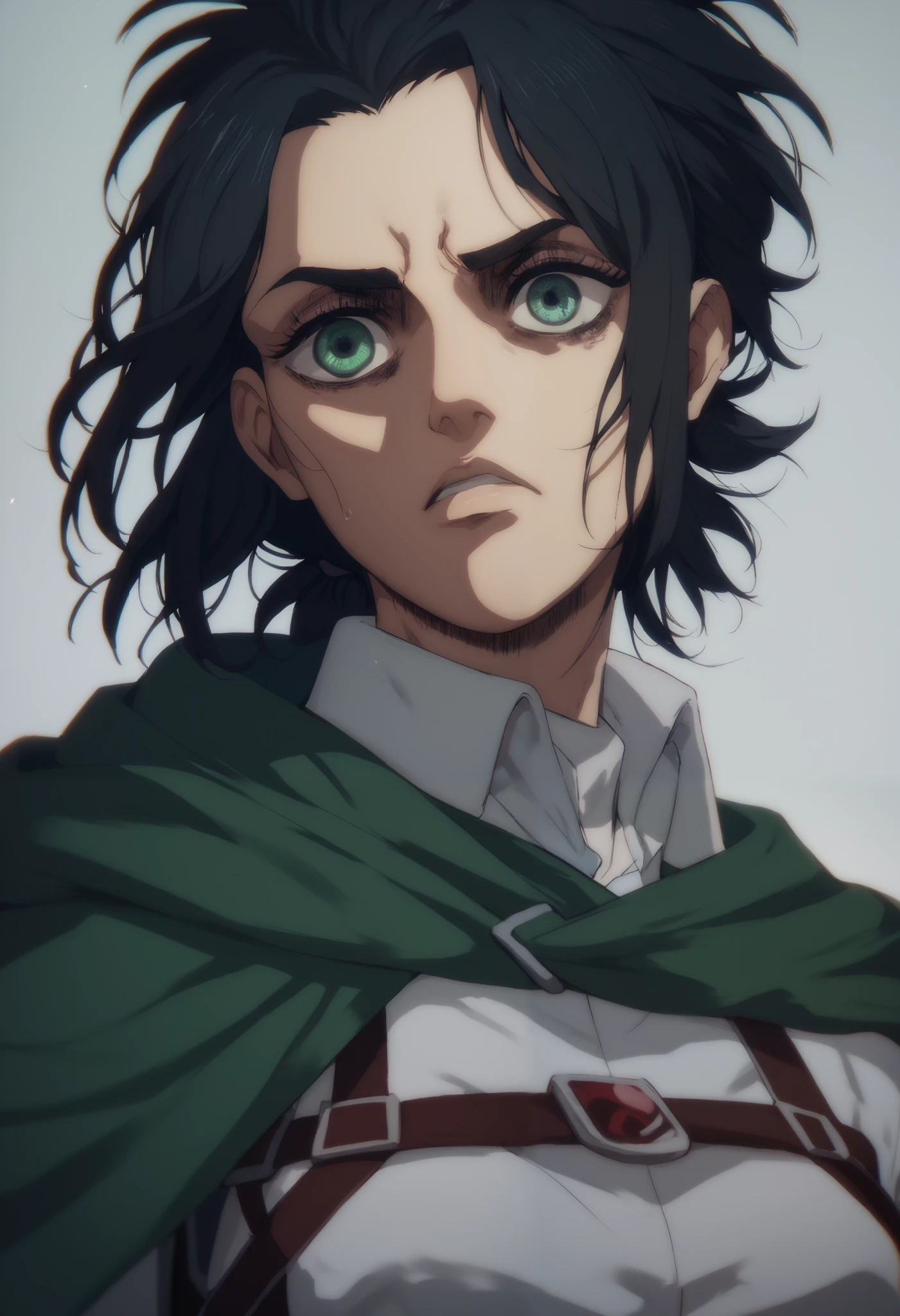 A girl character from attack on titans, long black hair, messy ponytail green eyes, gorgeous face. Soldier clothes