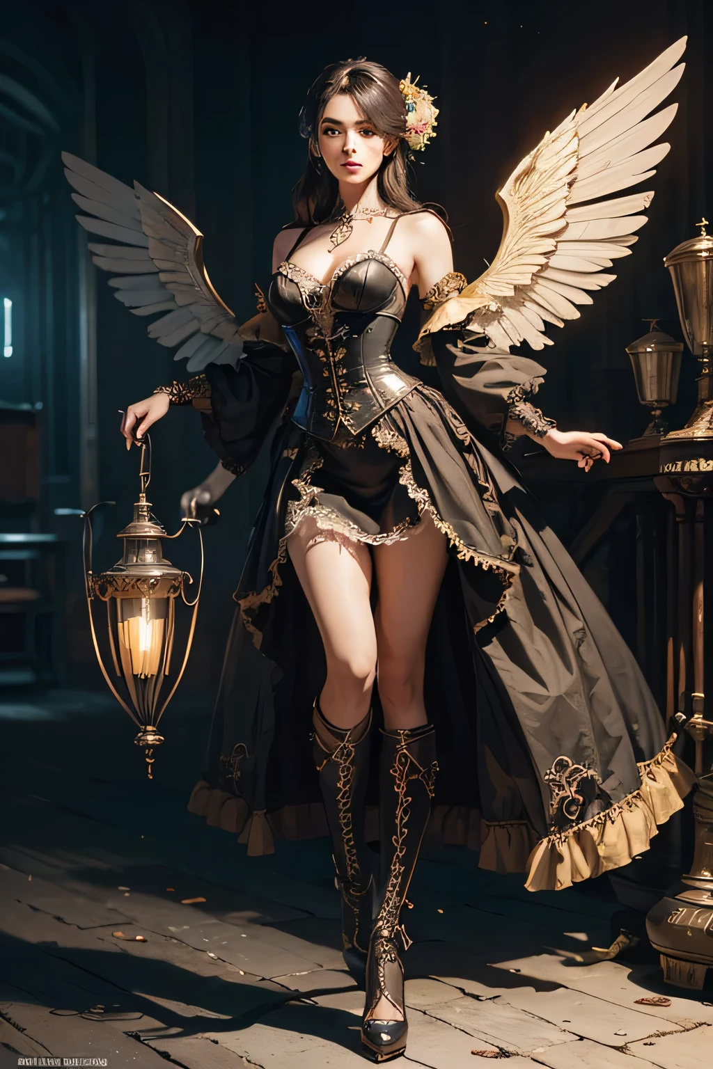 (Best quality,4K,A high resolution,Masterpiece:1.2),Ultra-detailed,(Realistic:1.37) Girl with mechanical parts, fullbody view in image, steampunk wind,Delicate clockwork details,Brass gears and gears,Beautiful and intricate design,(Mechanical wings),Glowing eyes and glowing tattoos,Colorful metal corsets and skirts,Elegant and elegant gesture,Industrial background with smoky atmosphere,Soft warm lighting,Vintage color palette,The human body and mechanical elements are perfectly integrated, reading a book.