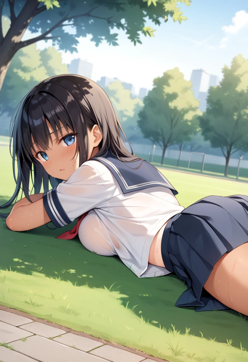 masterpiece, ultra quality, ultra sharp, ultra detailed, 1girl, solo, (good anatomy), haduki kurumi, (tattered torn dripping wet white gym shirt), navy gym pants, animal ears, randoseru, name tag, Japanese anime pose, laugh, BurumaShorts, Buruma, Gym Uniform, (((lying:1.4, spread_legs, legspread, split_legs, spreading legs)), (randoseru backpack:1.4), (((jitome))):1.4, buruma, blue buruma, black buruma, (cameltoe), (tattered torn short sleeve white gym uniform with colored hem), (tiny nipples), (white long loose socks), strong lighting, legspread, bukkake, cum on clothes, cum on legs, cum on buruma, cum on bloomers,