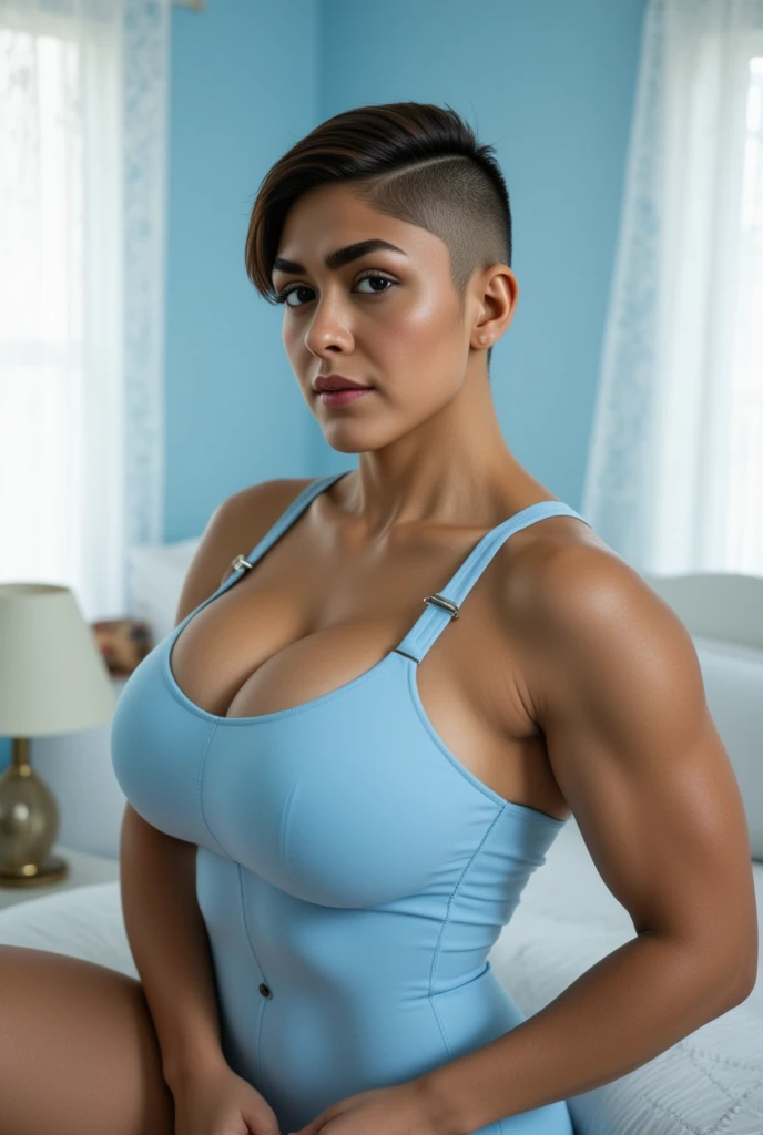NSFW, (short curly blue hair), (bikini), gigantic ass, plump ass, huge ass, pawg, curvy, curvy ass, hourglass figure, thin waist, slender legs, thin legs, tall legs, small thighs, ((skinny legs)), skinny frame, skinny girl, (skinny), slender frame, (thin frame), fit legs, Make eye contact with the camera, micro bikini, cleavage,、Los detalles del iris de la pupila son muy sorprendentes、Limbs without breakdowns、Adolescente blanca、Boca naturalmente cerrada、Areola natural、natural 、ojos fijos、cuerpo natural、Slightly baby face、rostro femenino、cuerpo femenino、con cara redonda、a small face、mejillas suaves、Looking at the camera、cuerpo completosbian、Destacamento、Rostro equilibrado、Estrabismo ligeramente interno、topless, Bangs ((big eyes)) revealing breasts. fancy nightwear transparente, blue hair, hair dyed blue, horns, redskin, painted red, rouge, yellow eyes, piel color rojo