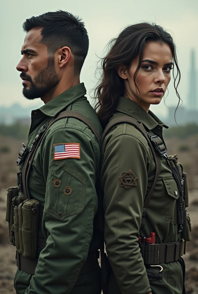 Strong military man with long hair hugging a woman with short hair in the storm