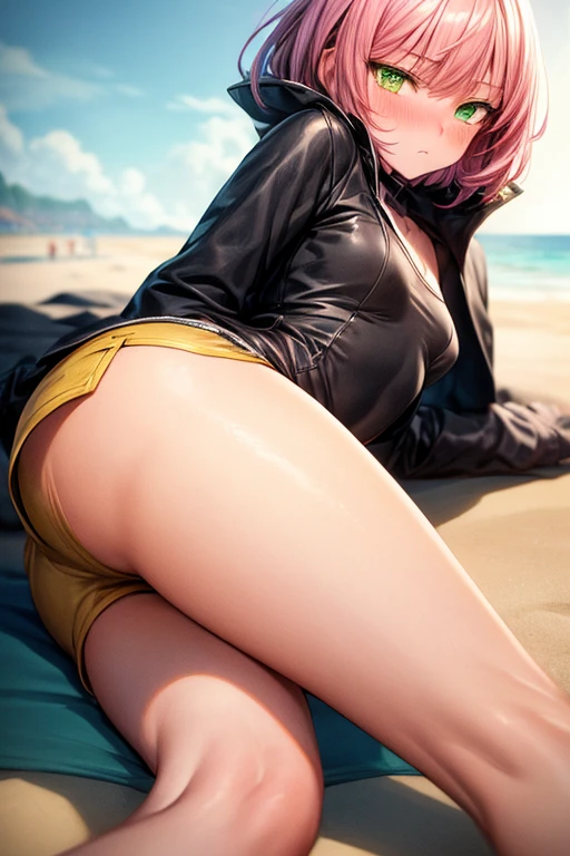 Anya Stroud, ojos finos, rostro detallado, rubia, cabello corto, bikini negro, pene en su vagina, piernas abiertas, cuerpo completo en la playa