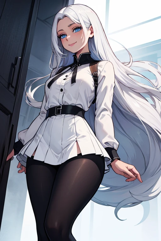 ((masterpiece, best quality)), (1girl), (solo), (female focus), (ahoge, white hair, very long hair), gold eyes, light smile, open mouth, ((white shirt), (buttoned shirt), (button gap)), ((black skirt), (short skirt)), standing, white background, arms behind back, dynamic angle,