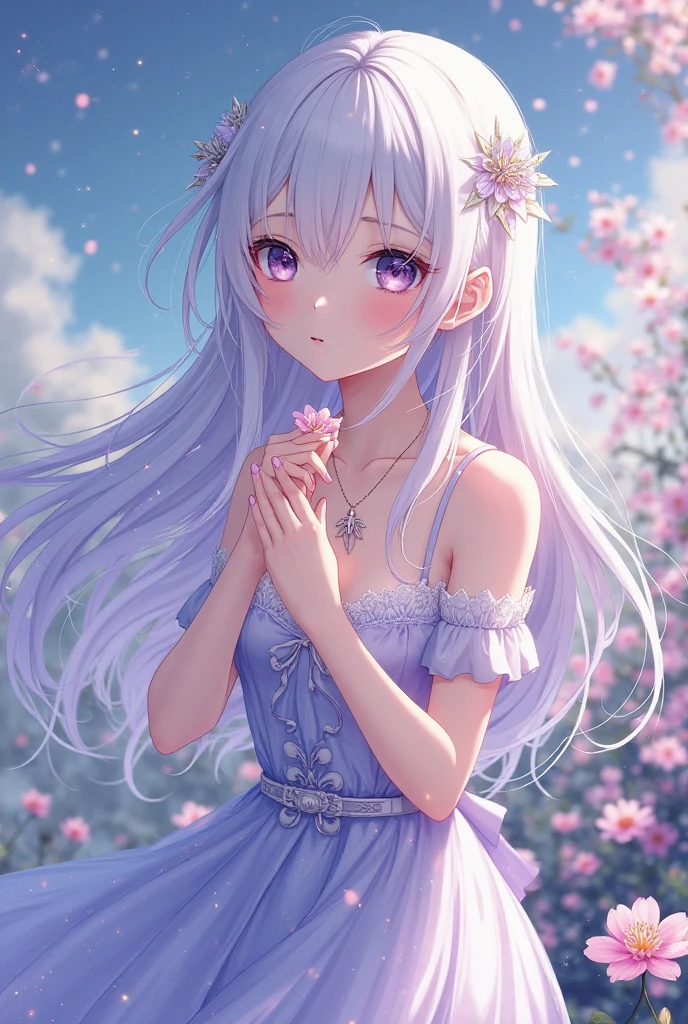 Very cute and beautiful girl wearing a white flower crown,White camisole、Pink itting cross-legged、
(Very exquisite beautiful face and eyes:1.2),(Lavender Garden),stone path,Distant Sea,Beautiful summer sky,
(Mid Shot:1.15),Leg details,smile、Dynamic Angle,View your viewers,
(highest quality,masterpiece:1.2),(Intricate details),1 girl,alone,High resolution,Natural light,Hair blowing in the wind,