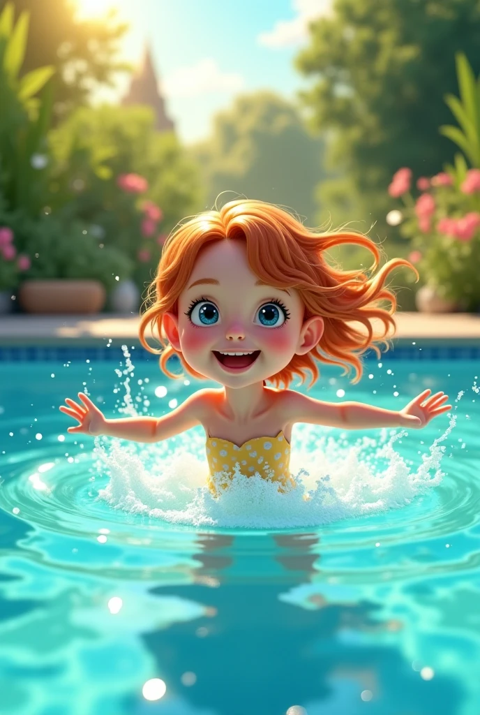Girl in the pool, RED HAIR, eyes browns, freckles, Sunnyday