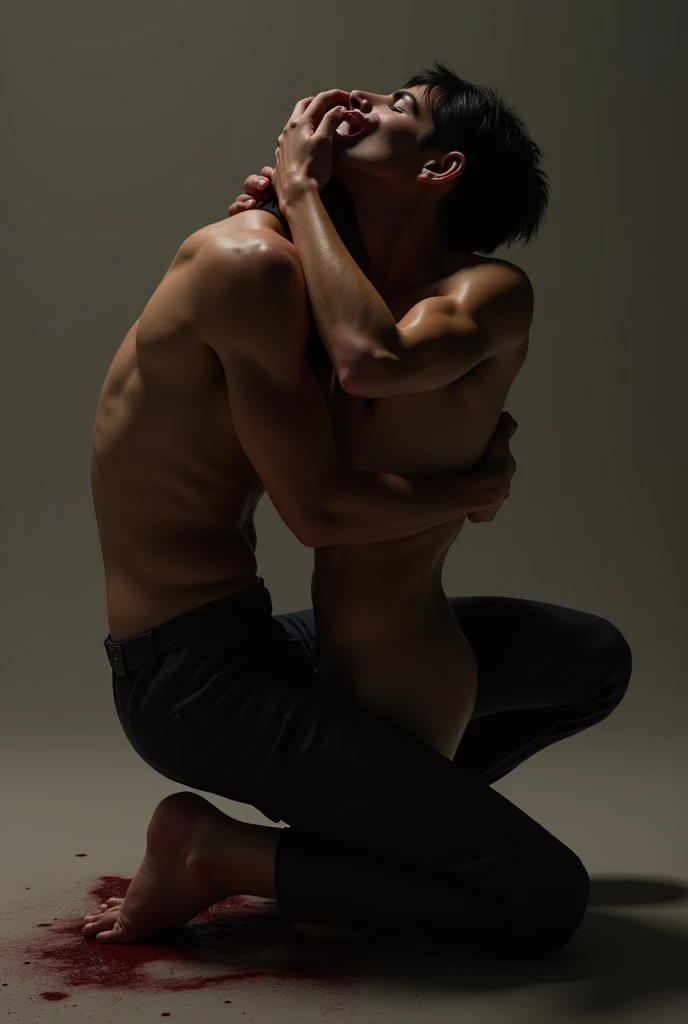 Side view of full body image of Handsome hot very muscular light bearded turkish gym hunk stud wearing tight black compression shirt and tight black jeans and black sports shoes with black socks is tightly hugging and kissing a cute slim fair young boy who is wearing only shorts 