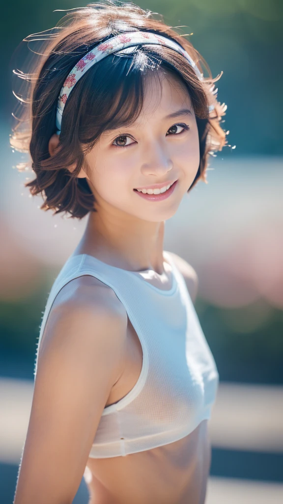((masterpiece, Highest Quality, super definition, High resolution)), sony a7, Film grain, a dark night, Photorealistic, one-point perspective, diffuse reflection, colorful shiny particles, Lens Flare, Soft lighting, ((1 beautiful woman of Japan, 22 years old), ((body shot:1.5)), Looking back, Seductive smile, dark brown hair, (tanktop red_pink Uniform:1.3), hyperdetailed face, Detailed eyes, Detailed Lips, Small breasts:1.2, BREAK Tennis court, Spectators get excited, confetti flies, innocent smile, High quality, 4K, short hair, Do not emphasize the top of the bust,