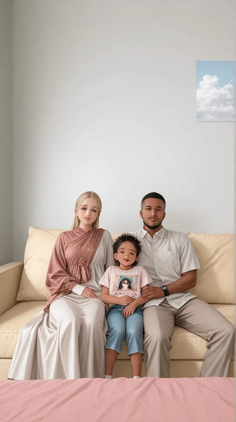 Indoor portrait, Indonesian couple, a man age 40 very short cuthair, a 40 women with hiijab, and a baby boy aged 2,5 years old. hug pose, both wearing casual crem outfits, a man is standing and woman siting on tall wood chair, backround white studio photo, minimalist decoration, fresh color, 8k resolution