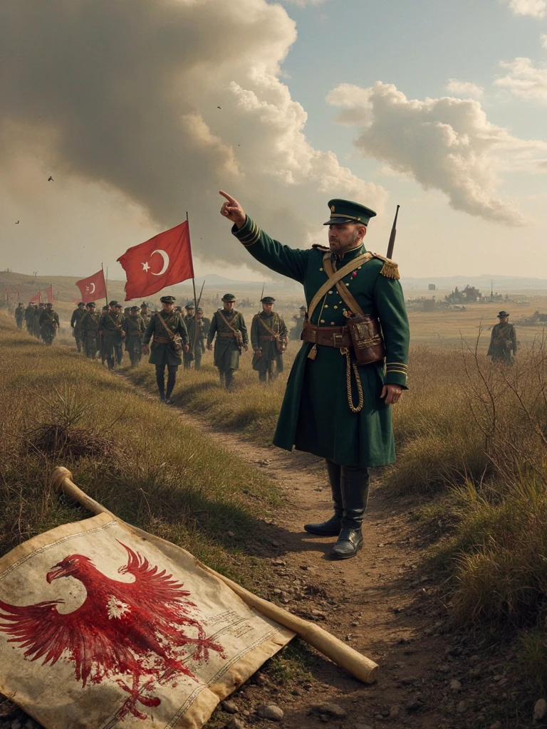 Generate an illustrative image depicting a historical scene from the 16th century: the victorious Ottoman army celebrating their triumph over the Austrian forces on the battlefield. The scene should capture the moment of victory and the emotions of the soldiers and commanders. Highlight the distinct uniforms, weapons, and banners of both armies to emphasize the clash of cultures. Ensure the setting portrays a battlefield aftermath with hints of the defeated Austrian army retreating and the Ottoman soldiers displaying their prowess and jubilation. The atmosphere should evoke the tension and eventual release of victory. epic, dark background, realistic, 8k