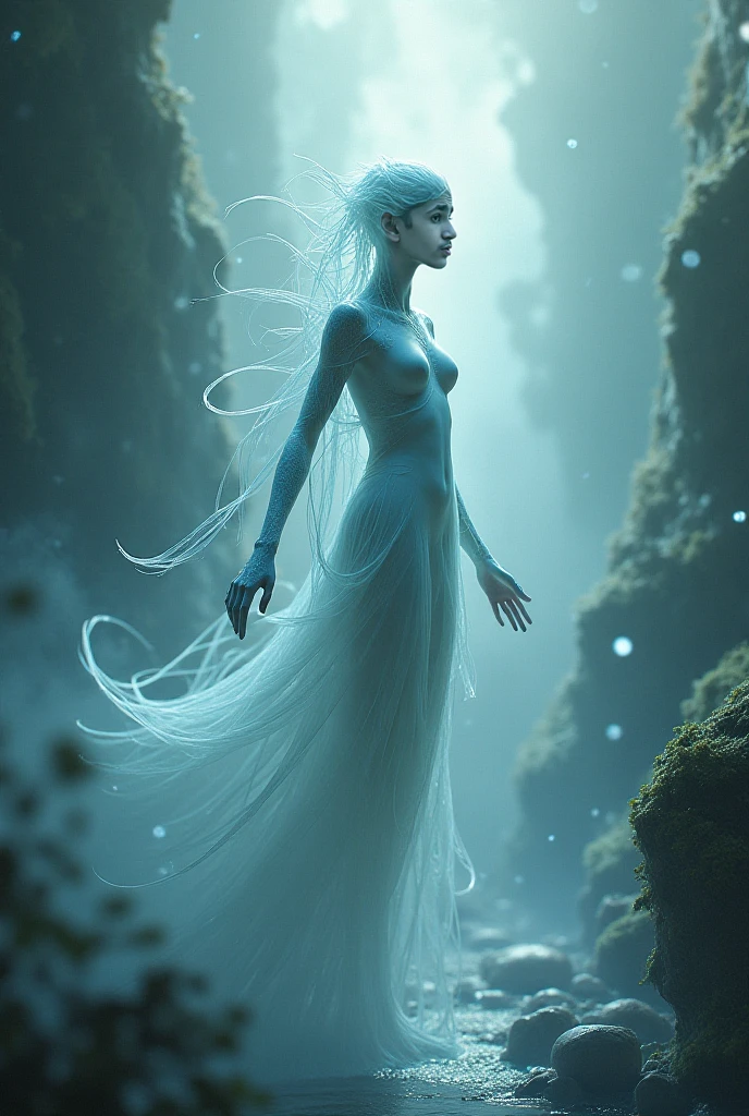 Imagine an ethereal, intelligent species that inhabits this surreal landscape. These beings are tall and slender, with elongated limbs that move with a fluid grace, almost as if they are gliding rather than walking. Their skin is semi-translucent, with subtle hues of blues, purples, and silvers that shift and change like the colors of the sky above them. This skin emits a faint, bioluminescent glow that becomes more intense in the darkness, allowing them to blend seamlessly with their surroundings. Their eyes are large and almond-shaped, with irises that sparkle like stars, reflecting the swirling galaxies in the sky. These eyes are capable of seeing beyond the visible spectrum, allowing them to perceive the flow of energy that permeates their world. Their hair, if it can be called that, is made of fine, thread-like strands that float and sway in the air, constantly shifting in color and form, much like the glowing tendrils of the plants around them. Their attire is minimalistic yet elegant, made from the same glowing moss that carpets the ground. These garments are woven with intricate patterns that tell stories of their history, culture, and connection to the planet. The patterns shift and change depending on their emotions, creating a living tapestry that communicates their thoughts and feelings to those around them. These beings are deeply connected to the energy of their world, able to manipulate it with their minds. They can communicate telepathically, sharing thoughts, emotions, and even memories with each other, creating a collective consciousness that binds them together. Their voices, when used, are soft and melodic, resonating with the natural hum of their surroundings. They live in harmony with the floating islands and crystalline structures, building their homes within the towering trees and among the glowing tendrils. Their cities are a blend of natural and ethereal, with structures made of translucent materials that glow softly, merging seamlessly