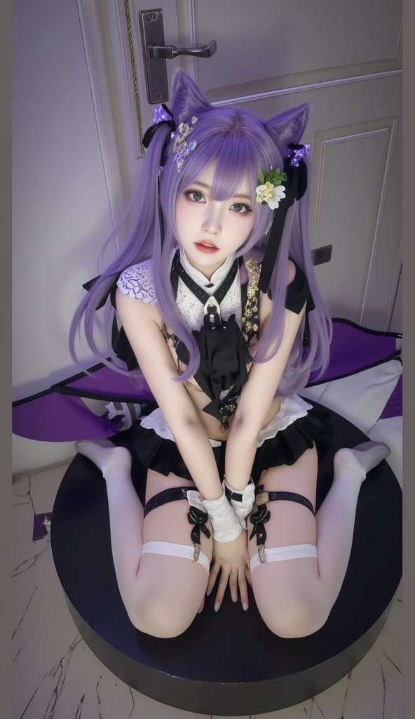 (8K, RAW photo, best quality, masterpiece:1.2), (realistic, photo-realistic:1.4), (extremely detailed 8K wallpaper),Beautiful Face,1girl,Frederica Bernkastel, purple hair,dress, bowtie, mary janes,purple eyes,whole body,Lower Angle、Crossing your legs、sit