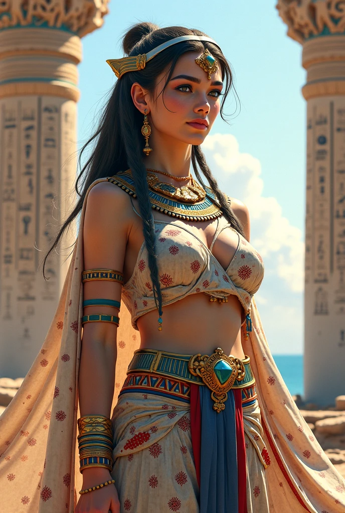 OldEgyptAI, cleopatra, Greeks, queen of Egypt, (Traditional Egyptian Wig), (beautiful detailed face and eyes:1.2), green eyes, black hair, (hair slicked back), bowl cut, light skin, finely detailed skin, medium breasts, (Egyptian costumes rich in gold and jewels), Egypt Dressup, gorgeous skirt, gorgeous gold jeweled necklace, earrings, Golden accessories all over the body, 1girl, solo, best quality, (masterpiece:1.2), high quality, Highres, (hyper detailed), (portrait), photorealistic, 4K, ultra HD, insanely detailed and intricate, high resolution, HDR, extremely detailed CG, f 2.8 lens, detailed background, detailed landscape, (dynamic pose:1.2), (cowboy shot:1.2), Oasis, cinematic lighting, smile, a small pyramid in a distant desert,