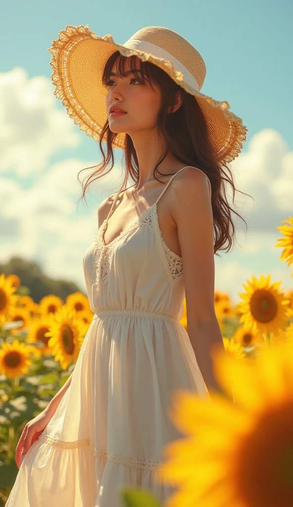 sunflower sunflower畑 White dress Straw hat youth summer Emotional