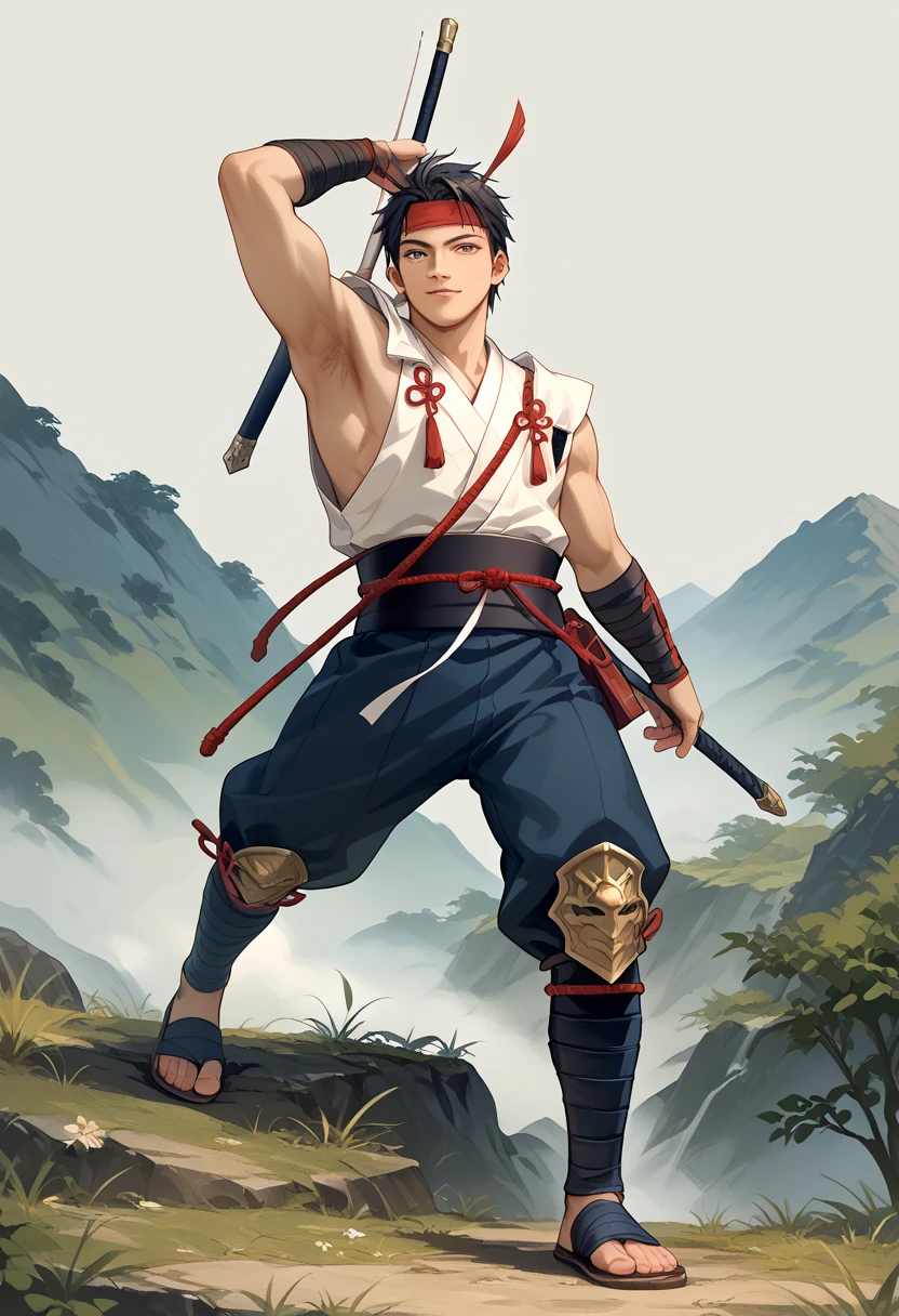 full body anime style, 16 year old Chinese young man with short hair, He is unsheathing a katana in a fighting pose. Perfect Anatomia