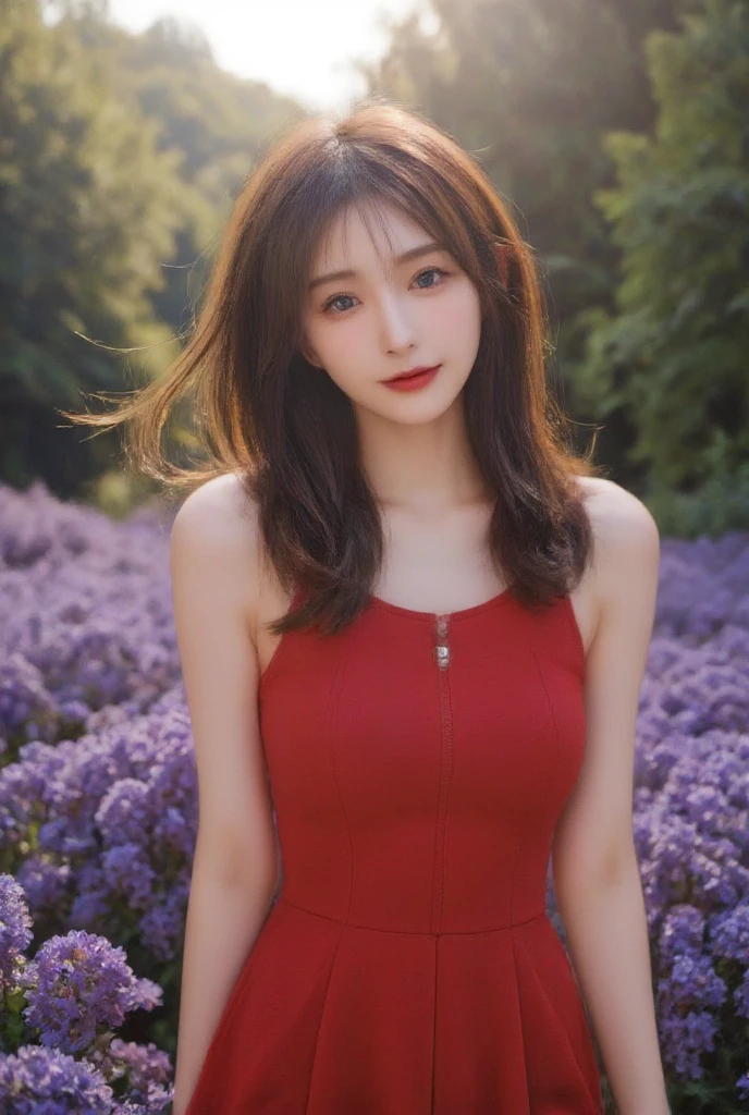 Short hair, nnlnnx, (Sharp Focus:1.2), Photo, attractive young woman, (Beautiful face:1.1), Detailed eyes, luscious lips, (Bold red lip color:0.85), (medium breasts:1.0), (Slim body:1.2), (Long hair:1.2), Wearing (1980s Peplum Dresses:1.2) で (Botanical Garden:1.2). (Moody lighting:1.2), depth of fields, Bokeh, 4K, nffsw. in door (by James C. Christensen:1.2|Jeremy Lipking:1.1).
