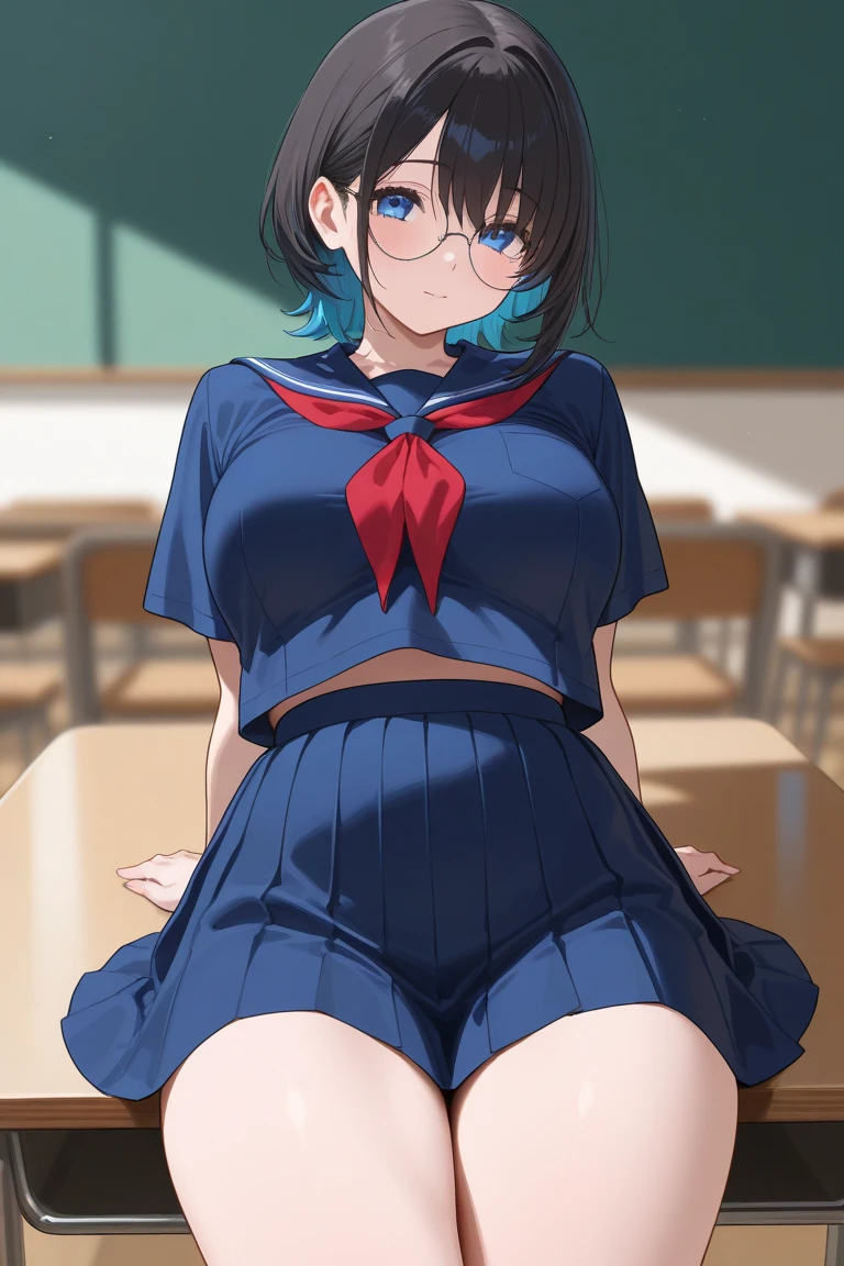 ((beautiful face)),1girl ,20s,mature female,short hair,blue hair,oni horns,(white background, simple background),school Swimsuit,runing,scared,holding books,wet,full body