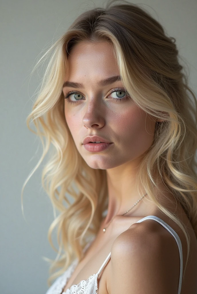 sexy women, 20 yr, thinness, sport, shiny tanned skin, pechos enormes, Slim waistline, curly blond hair, White lingerie, realisticlying, Cinematographer, Real, Natural
