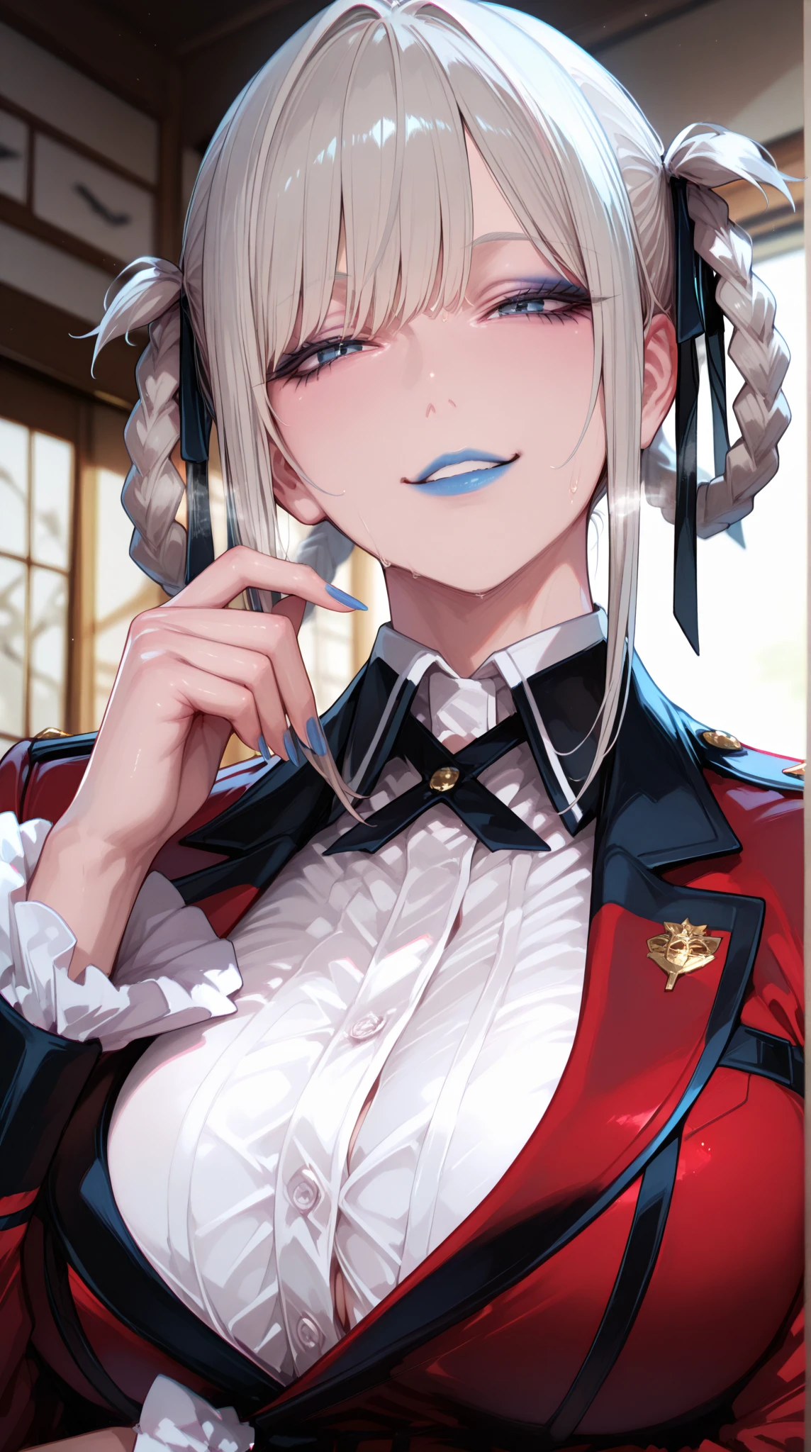 <lora:sunfes-v2:0.8> sunfes, uniform, mini shako cap,, ultra detailed, masterpiece, best quality, aesthetic, detailed,, solo, 1boy, teal eyes, <lora:Tsurime3:1>, (tsurime:1.2), parted bangs, white hair, medium hair, straight hair, shoulder-length hair, male focus,