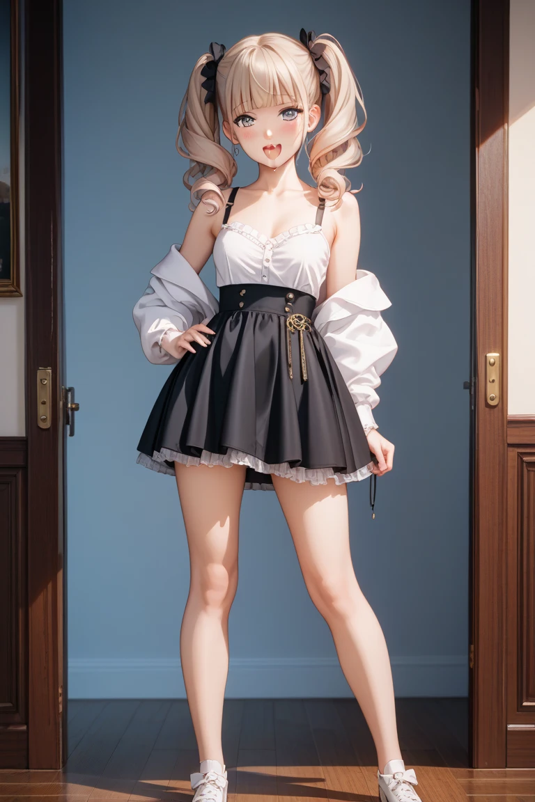 masterpiece, best quality, high quality, High definition, High quality texture, High quality shadow, high detail, beautiful detailed, finely detailed, extremely detailed cg, detailed texture, a realistic representation of the face, realistic, colorful, delicate, sharp focus, (intricate details, makeup, PureErosFace_V1:0.5), (detailed beautiful delicate face, detailed beautiful delicate eyes, a face of perfect proportion, high detailed skin, detailed skin, best ratio four finger and one thumb, skiny and thin:1.3), 1girl, 17 years old, tall, (smooth_abs:1.55), (abs:0.5), pretty, masterpiece, highres, (long_skinny_legs), (straight_legs), (skinny_waist), (((fair skin))), white skin, (((pale skin))), (Emma_watson), big_breast, (((Caucasian))), Light blonde hair, black Bandeau, white short pleated dress, standing legs apart, looking at viewer, (((looking away))) full body, portrait of 1 cute blonde girll, Twin-tailed, Beach, short skirt, 16-year-old female model，((White underwear)), bloom, golden fog, motion, wispy hair, realism, high-quality rendering, stunning art, high quality, film grain, Fujifilm XT3, dreamy,