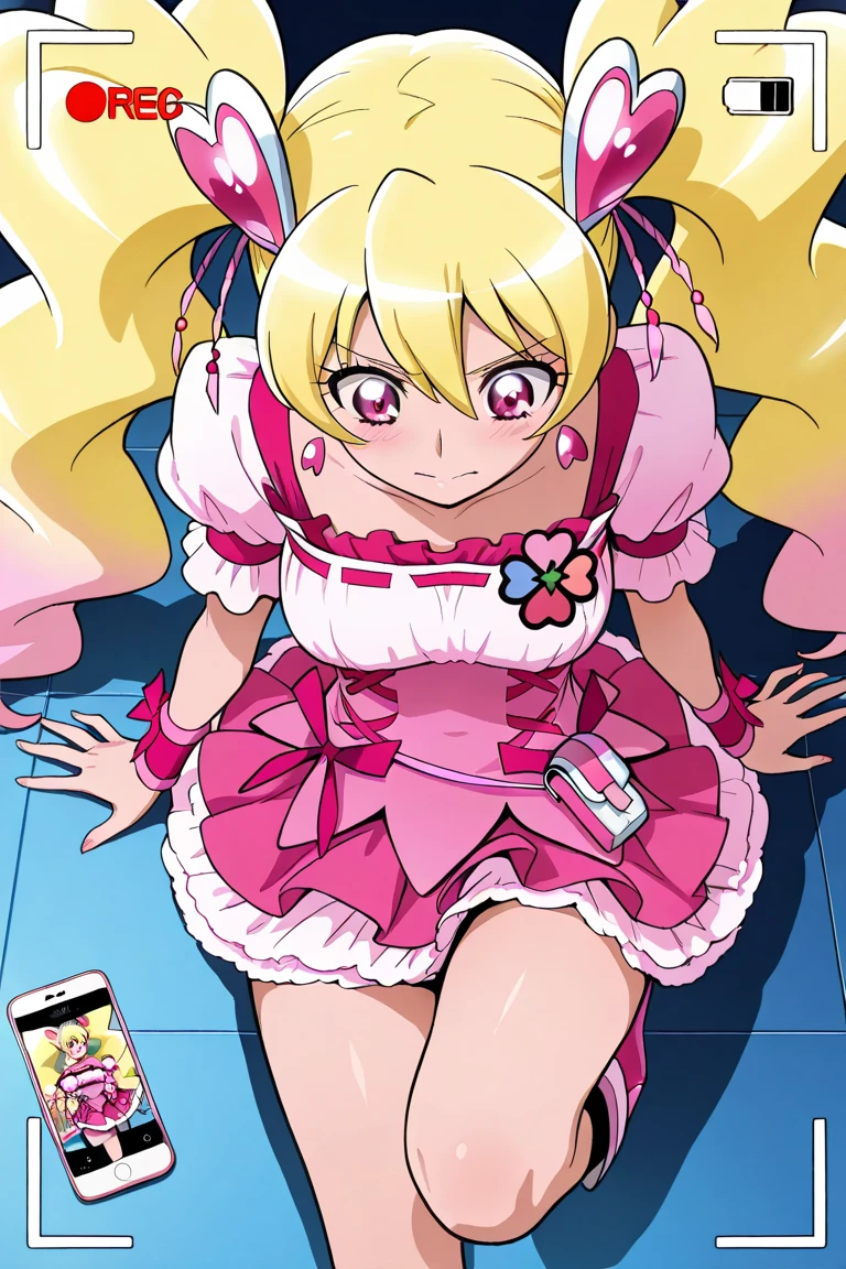 (best quality, highres:1.2), ultra-detailed, realistic:1.37, one girl, Metallia, long blond hair, detailed strands, fox ears, slightly tilted, twin braids, flowing gracefully, small slim body with delicate curves, smooth skin, fair complexion, radiant, green eyes shining with mystery, sharp teeth peeking through a playful smile, naked, supple breasts, well-defined collarbone emphasizing femininity, delicate wrists, delicate fingers, alluring pose, lying gracefully, legs slightly apart, reclining on a plush velvet chaise lounge, luxurious setting, golden candlelight flickering, casting seductive shadows, elaborate ebony frame, huge transparent dildo, sleek and glistening, reflecting the warm glow of the candles, suggestive playfulness, intimacy in the air.