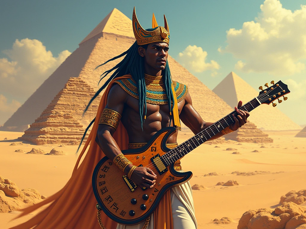 Make the god Ra playing the guitar