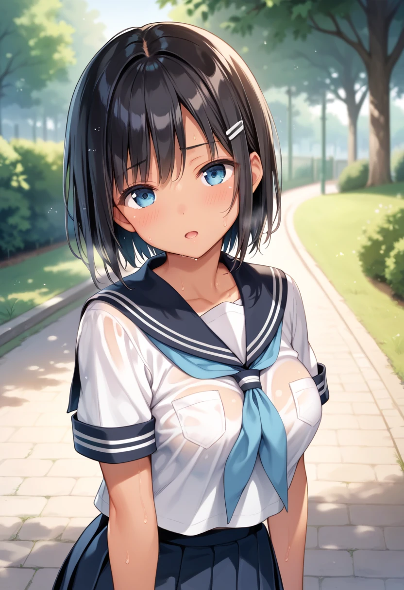 masterpiece, best quality, ultra-detailed, glistening shiny, glowing light, ray tracing, HDR, deph of field, (perfect face, detailed face), <lora:RafinhaBilford:0.8>, rafinha, short hair, flat chest, white hair ribbon, crop top, micro skirt, panties, sitting, crossed legs, outdoors